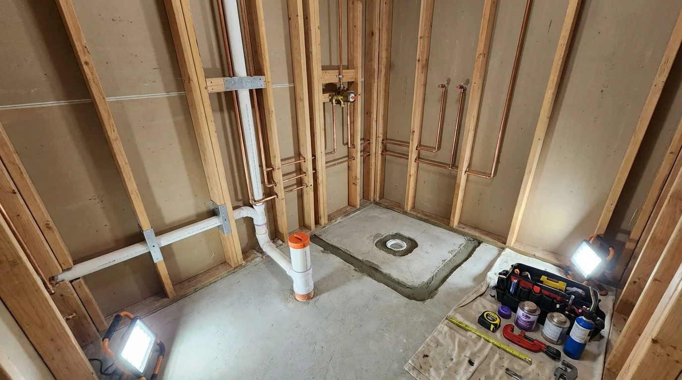 Bathroom rough-in plumbing during remodel by Johns Plumbing LLC in Sewickley