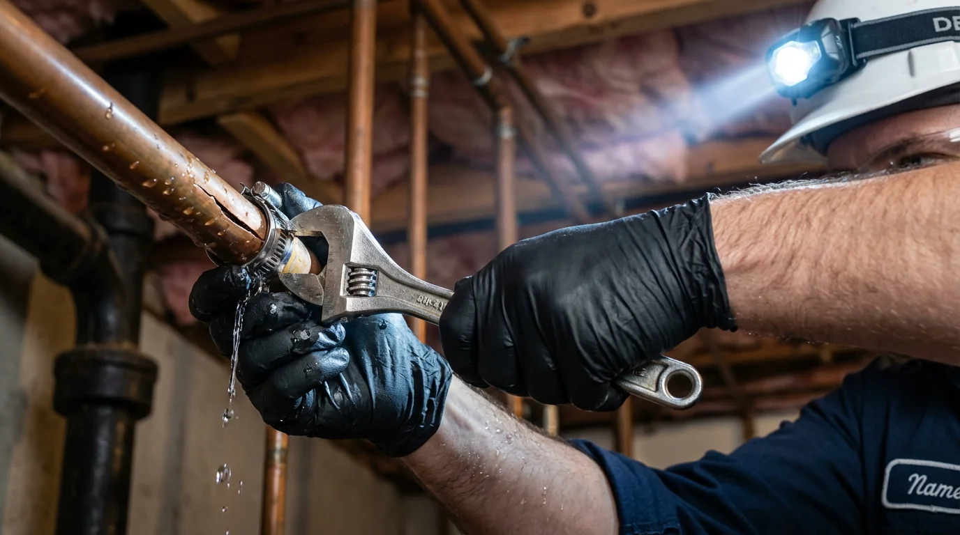 Emergency pipe clamp repair being performed by a Johns Plumbing LLC plumber in Sewickley