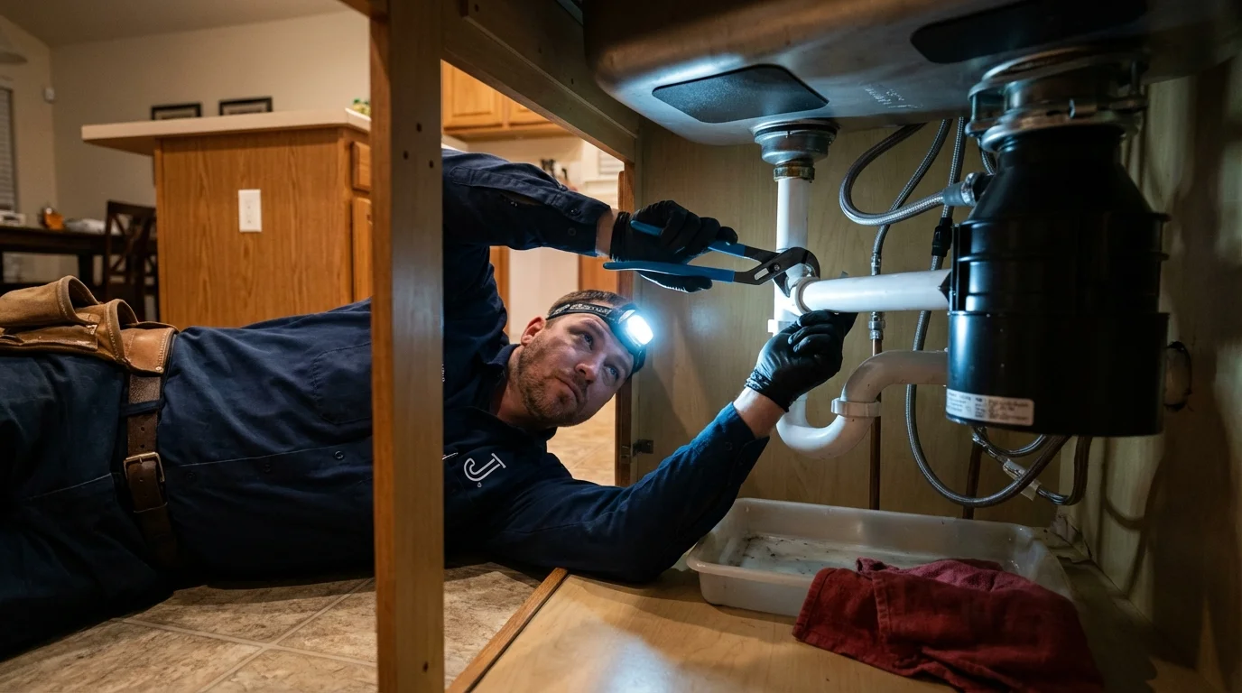 P-trap and supply line connections under a kitchen sink showing a common leak point in Sewickley, PA